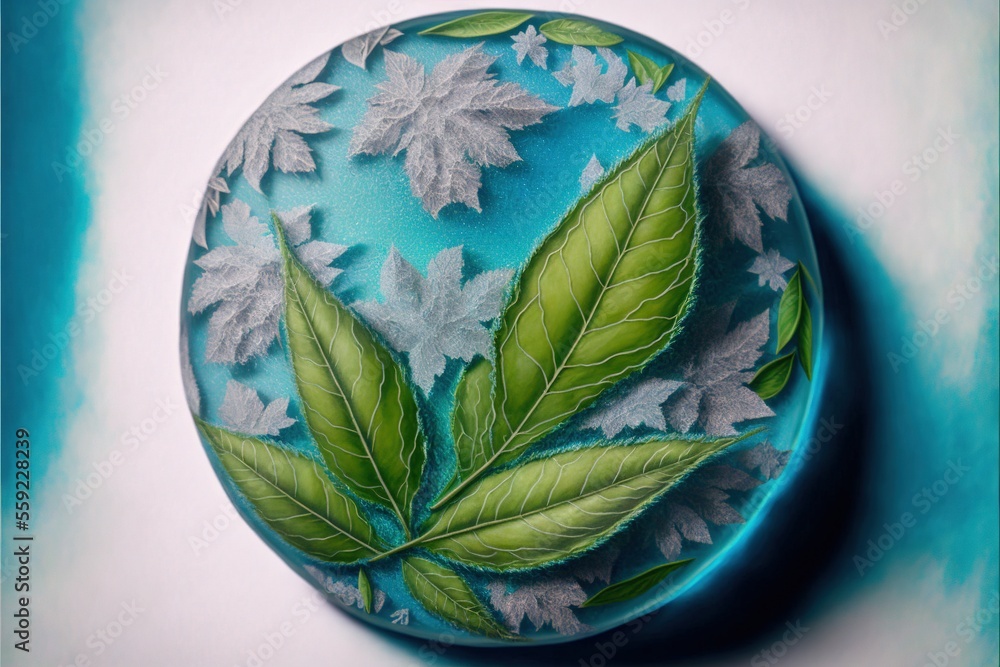 Poster a painted plate with leaves on it on a blue background with a white border around it and a blue back