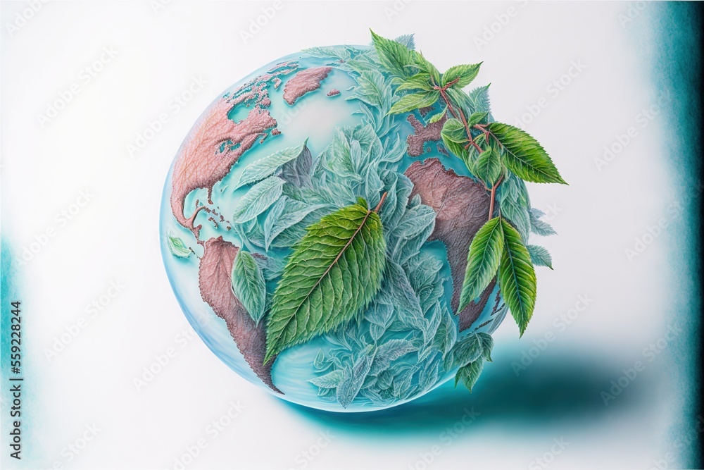 Poster a painting of a globe with leaves on it's surface and a blue background with a green border around i