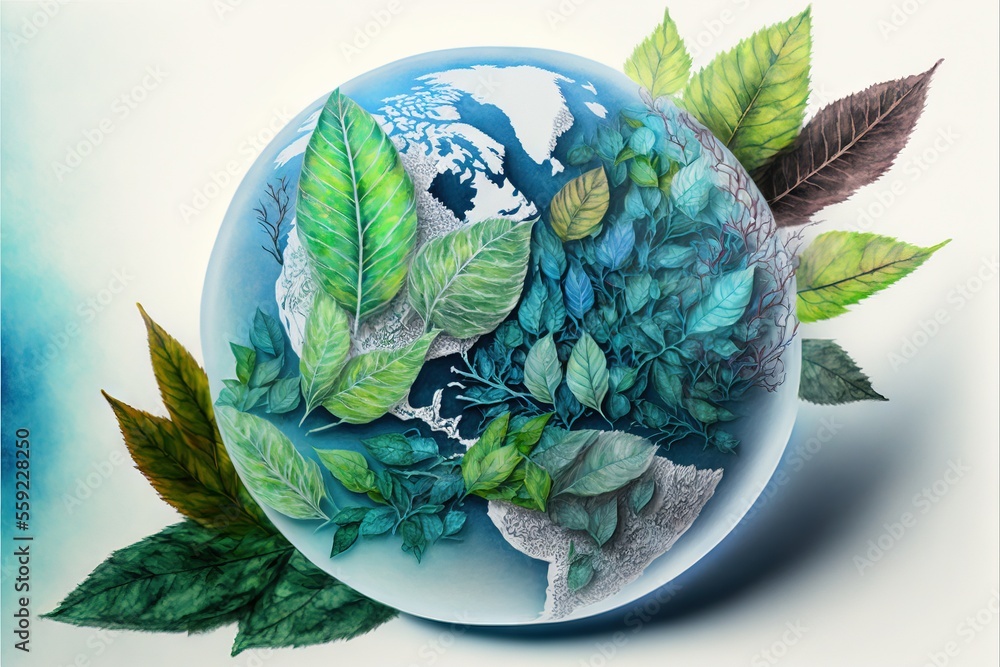 Poster a painting of a globe with leaves on it and a world map in the middle of it, on a white background w