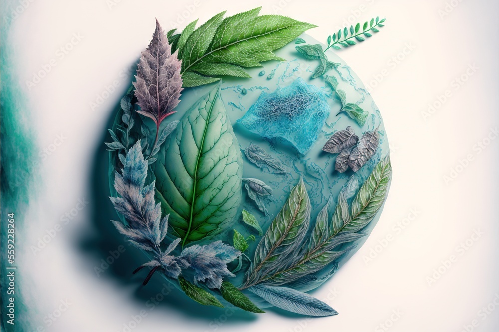 Poster a painting of leaves and plants on a white surface with a blue background and a green circle with a 