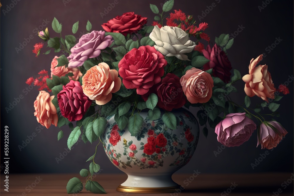Poster a painting of a vase with flowers in it on a table top with a dark background behind it and a gold f