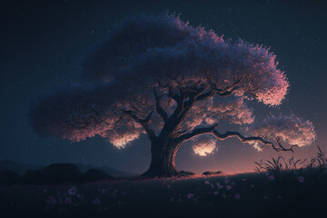 Obraz premium cherry blossom tree, night sky, spring, bloom, landscape, art illustration