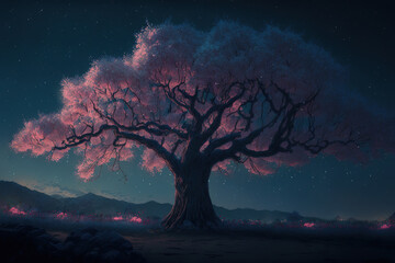 cherry blossom tree, night sky, spring, bloom, landscape, art illustration