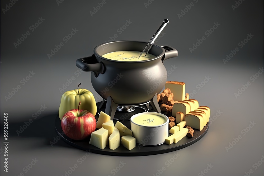Poster a fondant pot with a spoon and some cheese and apples on a plate with a spoon in it and a bowl of bu