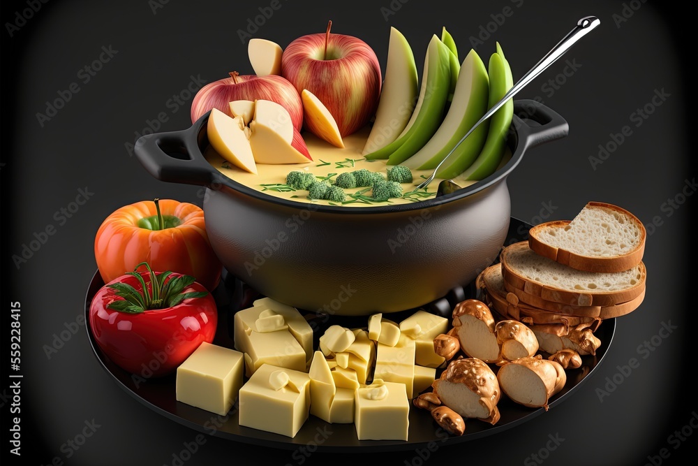 Poster a plate of food with a pot of soup and bread and apples and vegetables on it and a knife and fork in
