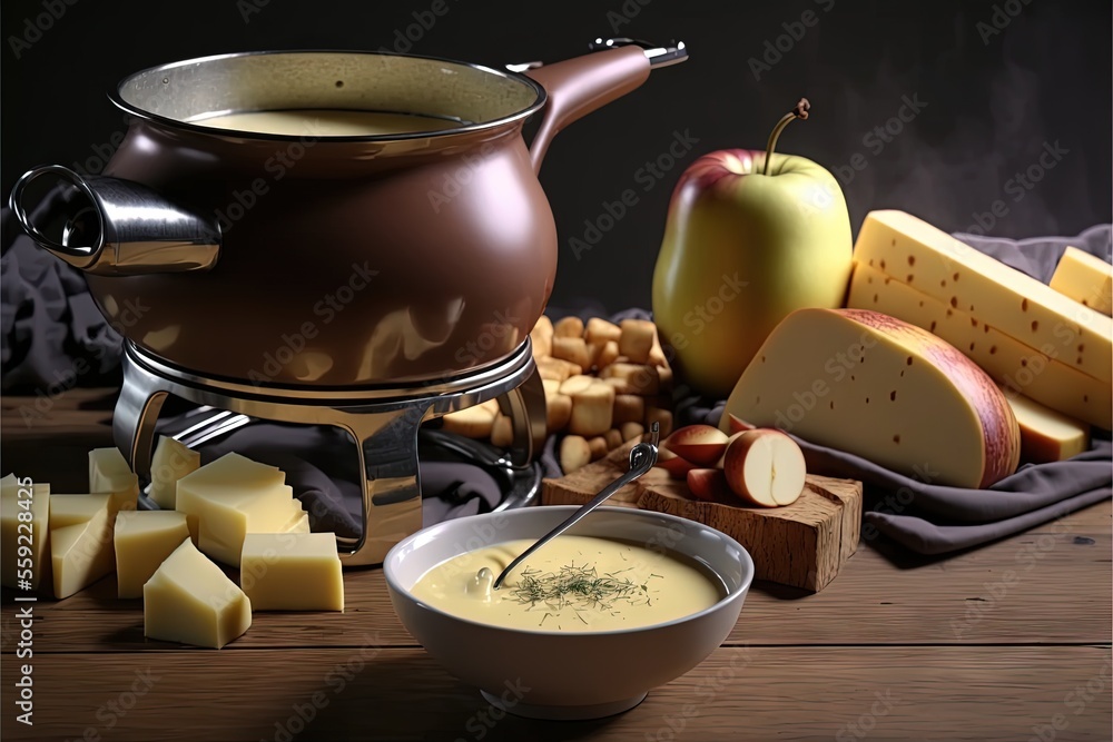 Aufkleber a bowl of soup next to a pot of cheese and apples on a table with a knife and a bowl of cheese on a 