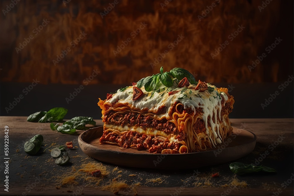 Poster a piece of lasagna on a plate with basil leaves on the side and a slice of basil on the side of the 