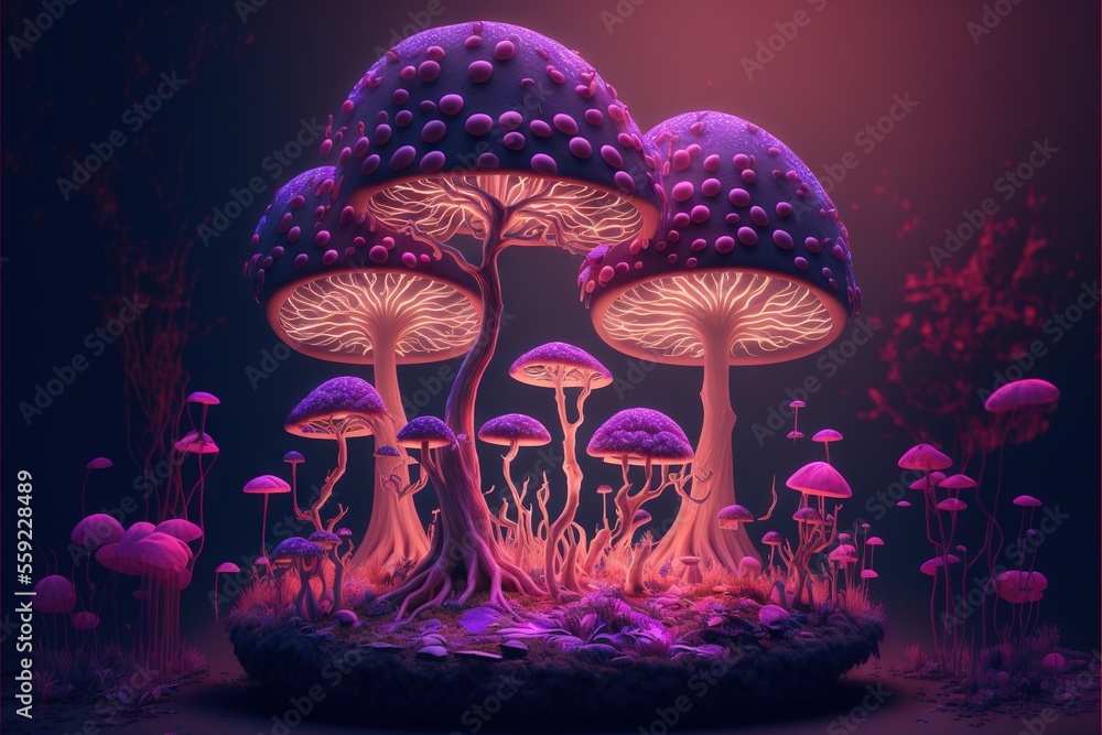 Poster a group of mushrooms that are in the grass together on a table with a purple background and a red fr