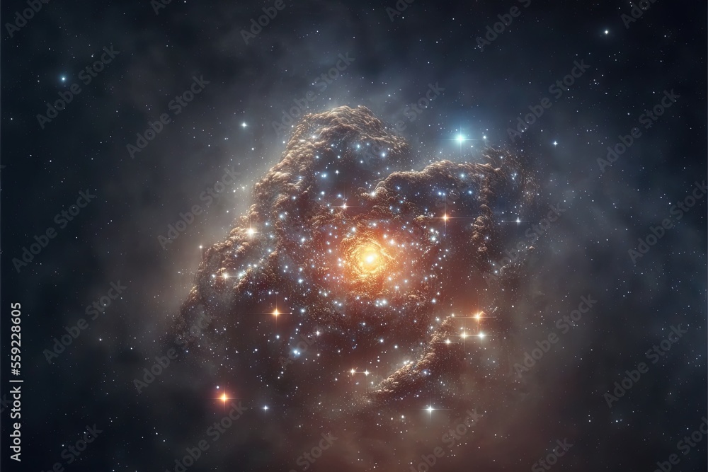 Poster a star cluster in the sky with stars around it and a bright orange center surrounded by smaller star