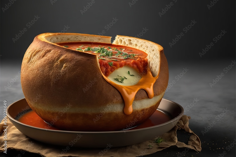 Aufkleber a bowl of soup with bread on a plate on a table with a napkin and napkin on the side of the bowl and