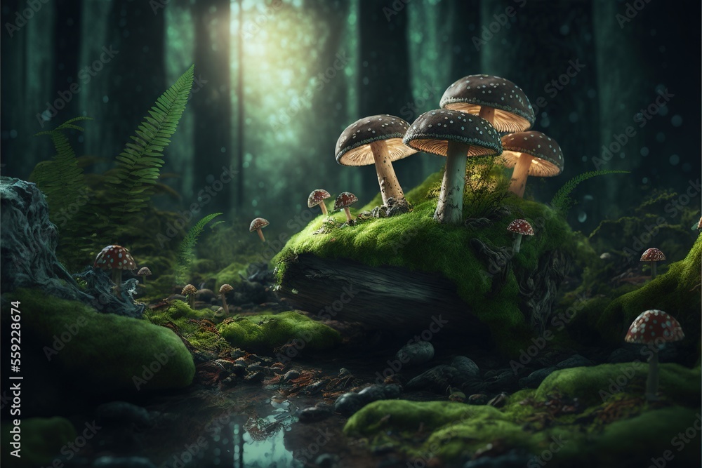Poster a group of mushrooms sitting on top of a moss covered forest floor next to a stream of water and a f