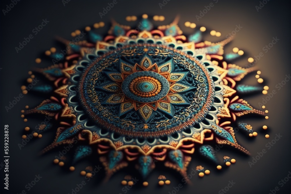 Poster a colorful circular object with a black background and a gold border around it, with a blue center a