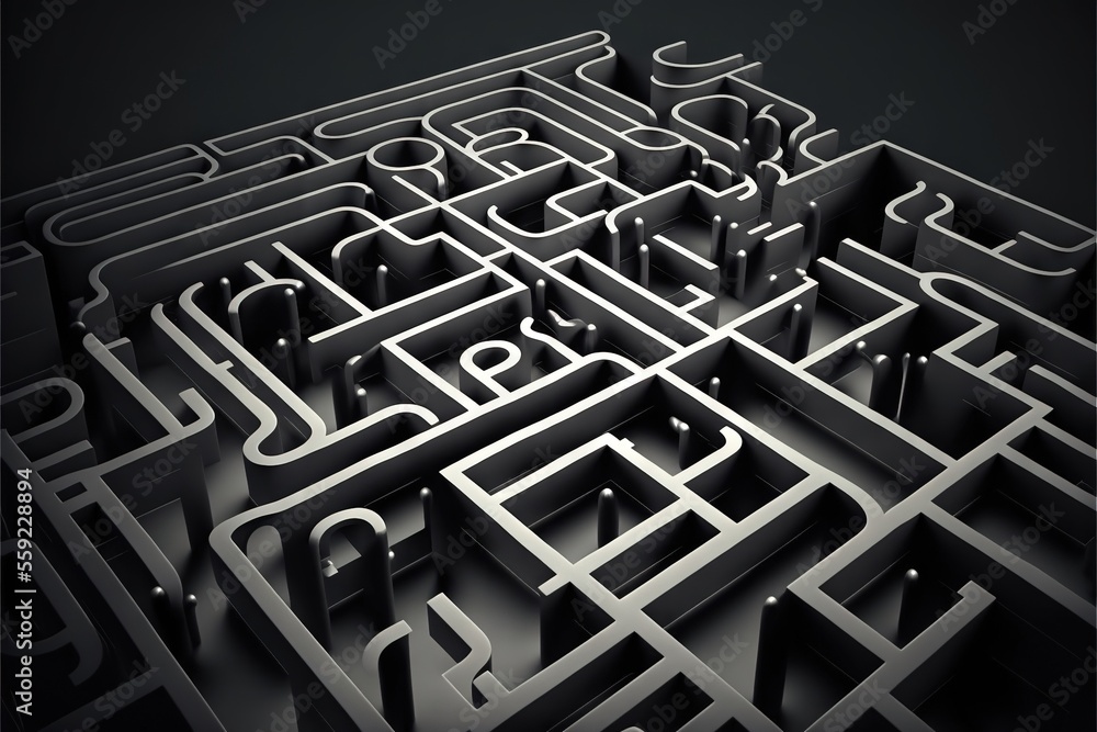 Poster a black and white photo of a maze with letters and numbers on it, with a black background and a blac