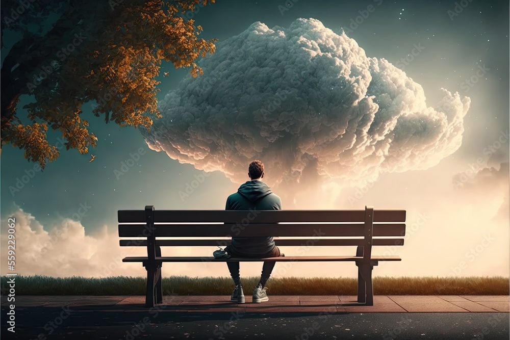 Poster a man sitting on a bench looking at a cloud of smoke and clouds above him, in a surreal setting with