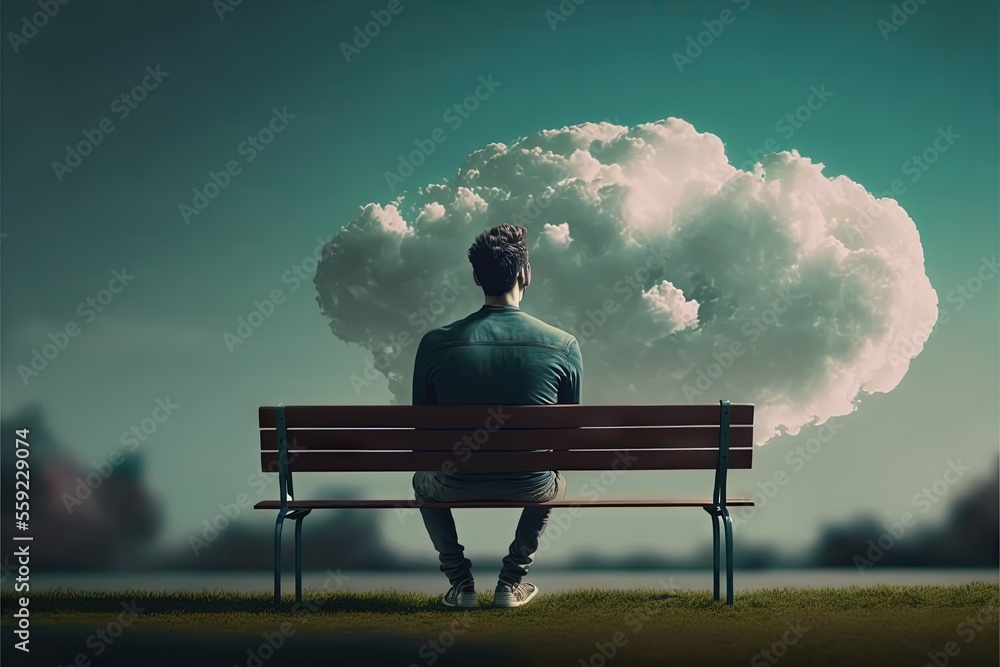 Poster a man sitting on a bench with a cloud above him and a sky filled with clouds above him, and a person