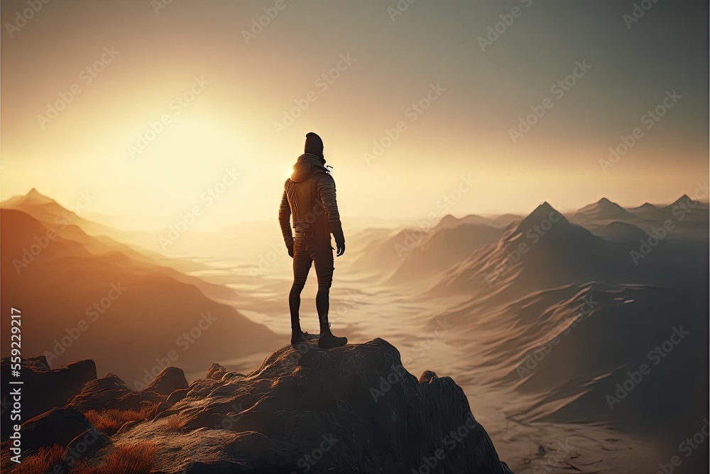 Poster a man standing on top of a mountain with a sunset in the background and a mountain range in the fore