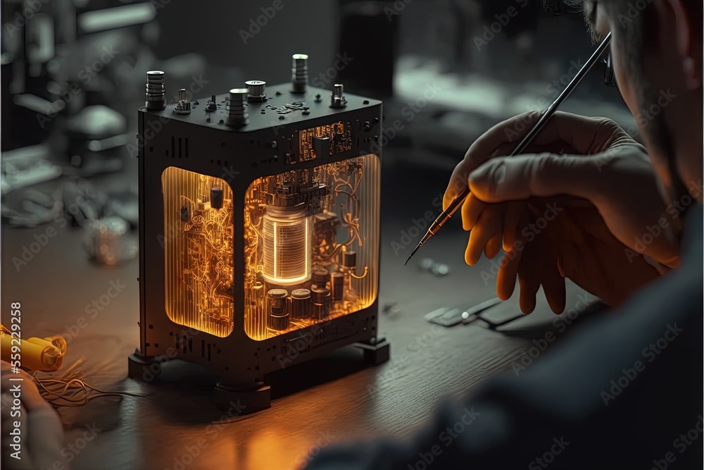 Poster a man is working on a projector with a light bulb inside of it and a pencil in his hand and a yellow
