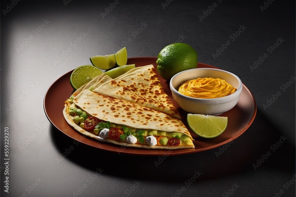 Poster a plate with a quesadilla and a bowl of salsa on it with limes and a lime wedge on the side of the p
