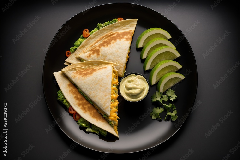 Poster a plate with a tortilla and a side of avocado and a small bowl of ranch dressing on it with a fork a