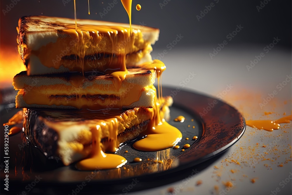 Poster a stack of pancakes with syrup on a plate with a spoon and a fork on the side of the plate, on a tab