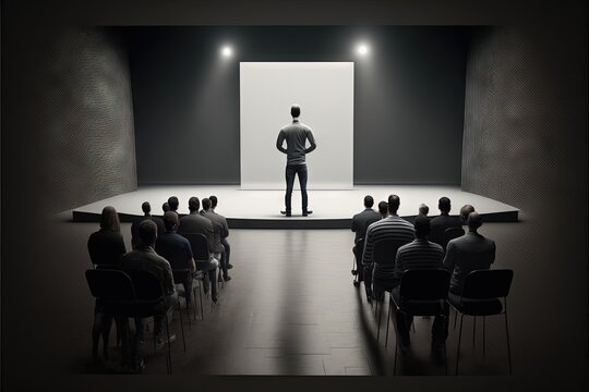  A Man Standing On A Stage In Front Of A Crowd Of People In Chairs With A Spotlight On The Wall Behind Him And A White Screen Behind Him That Is A Man Standing On A Stage.