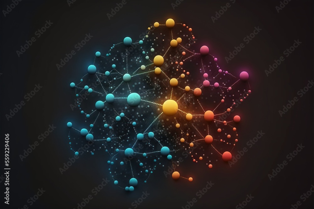 Poster  a colorful abstract background with a network of dots and lines on a dark background with a black background and a blue and yellow one with a red dot on the top of the bottom corner. Generative AI