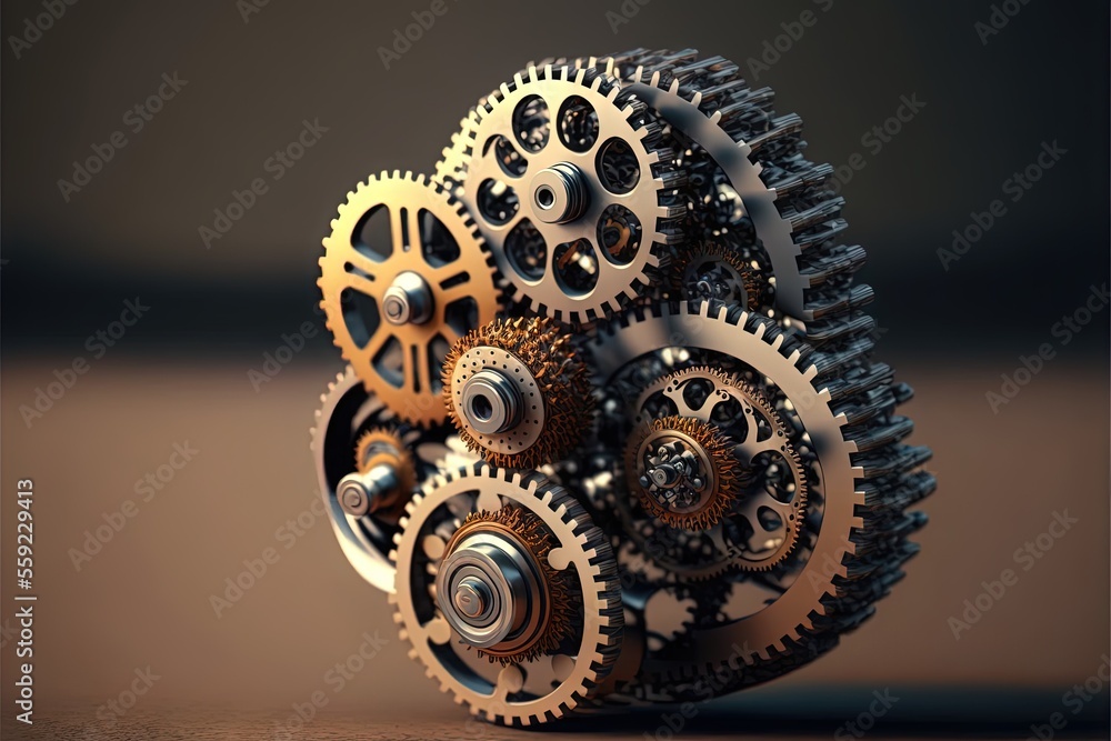 Poster a close up of a metal object with gears on it's sides and a brown background with a black background