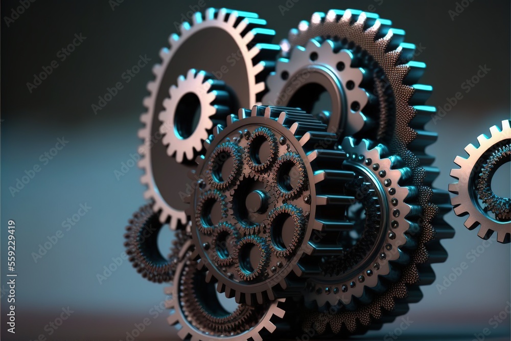 Poster a group of gears that are on a table together, with a blue light shining on them and a black backgro