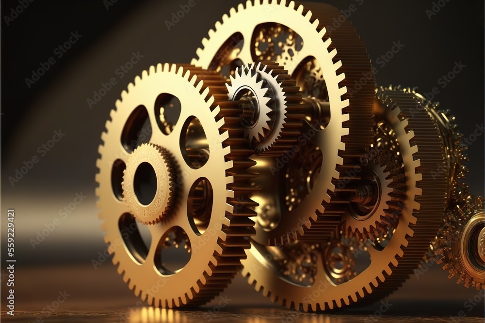Poster a close up of a clock with gears on it's sides and a clock on the other side of the clock face, on a
