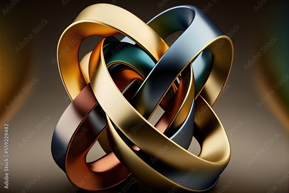 Poster a group of rings that are stacked together in a ball on a table top with a brown background and a bl