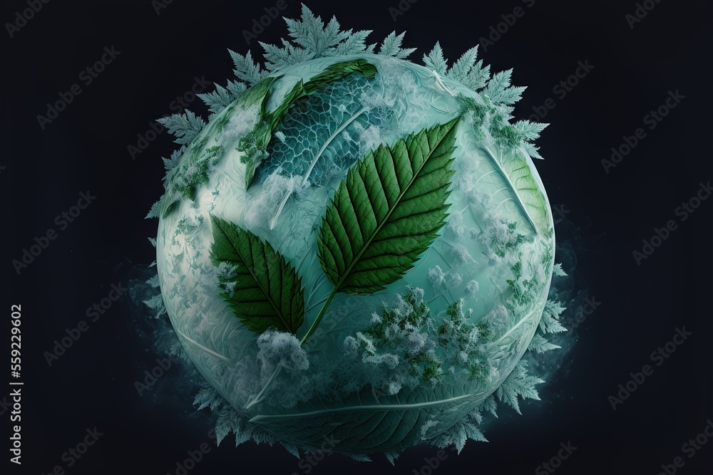 Poster a green cabbage with leaves on it on a black background with water droplets and bubbles around it, w