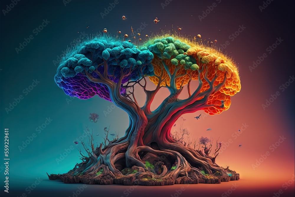 Poster a colorful tree with many branches and leaves on a blue background with a butterfly flying around it