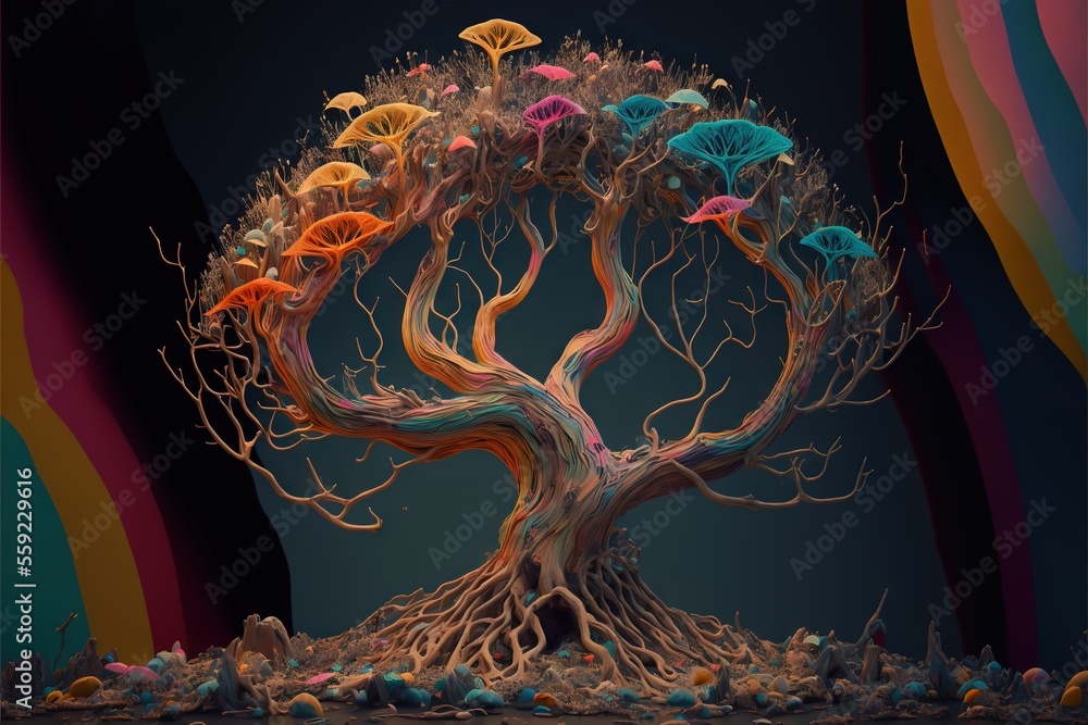 Poster a tree with many branches and colorful flowers on it's trunk and roots, with a dark background and a