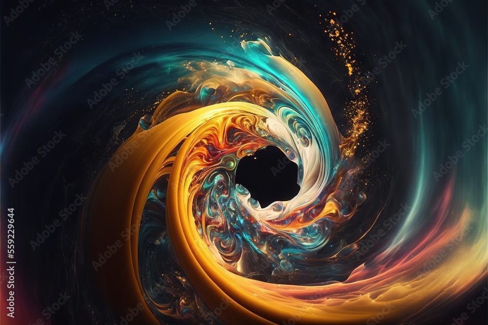 Poster a computer generated image of a black hole in a colorful swirl of colors and shapes, with a black ho