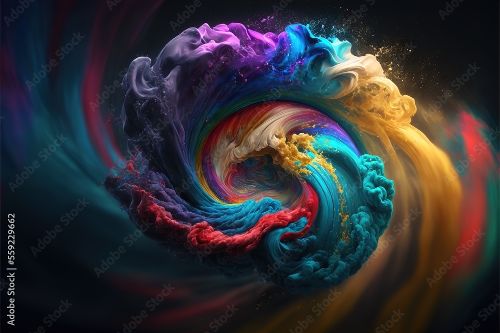 Poster a colorful swirl of paint on a black background, creating a vibrant and captivating visual the color