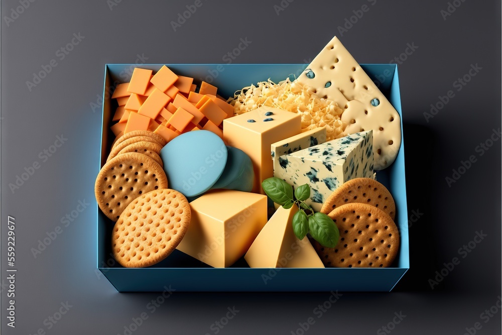 Poster a blue box filled with different types of cheese and crackers on a table top with a blue background 