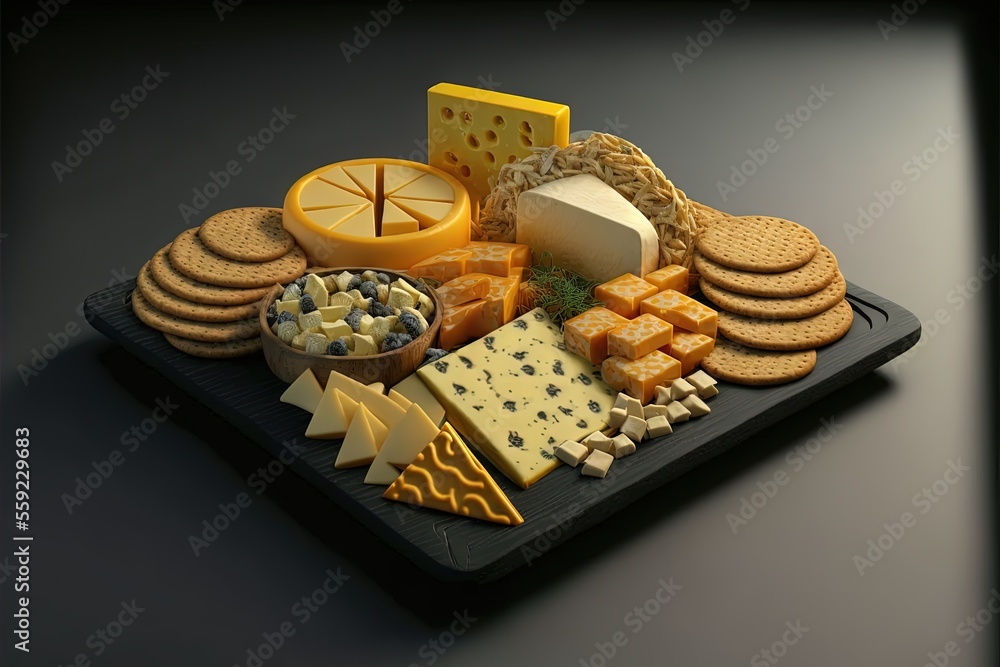 Poster a tray of cheese and crackers on a table top with a black background and a black background with a b