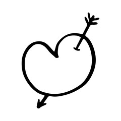Heart vector icon drawn in one line pierced by an arrow.