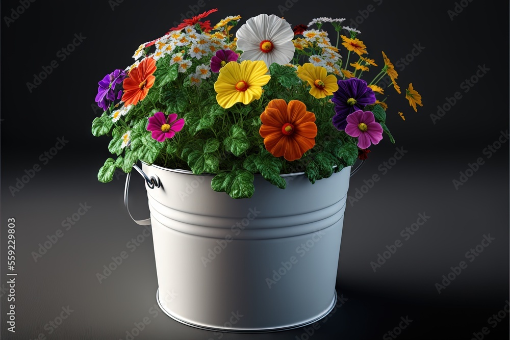 Poster a bucket of flowers is shown in this image, it is a dark background and it is a dark background with