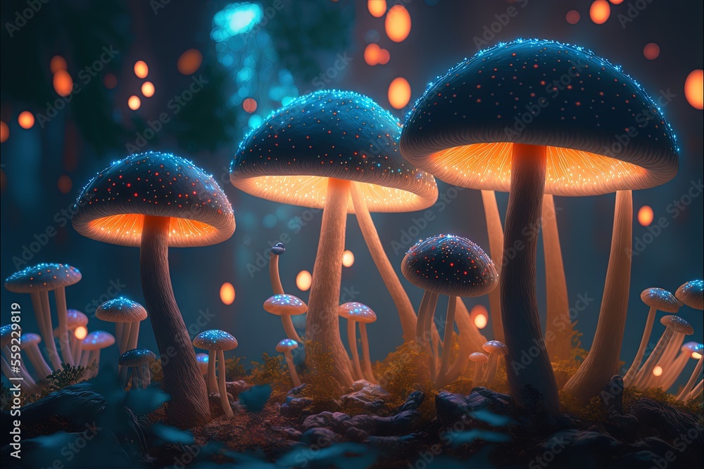 Poster a group of mushrooms with glowing lights in the background of a forest at night with a lot of glowin
