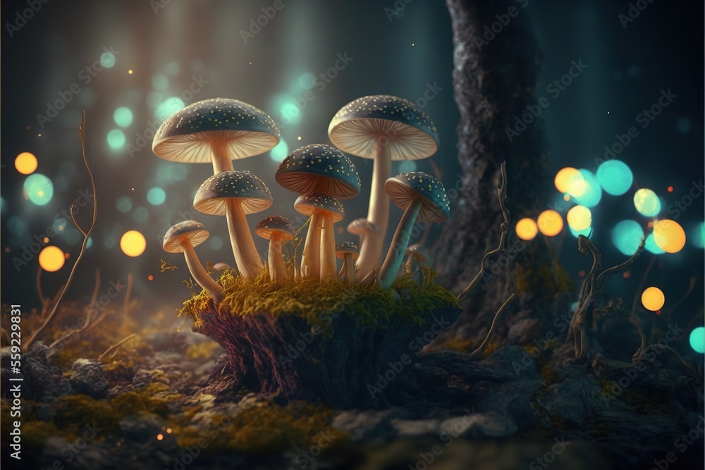 Poster a group of mushrooms sitting on top of a forest floor next to a tree trunk and a light bulb in the b