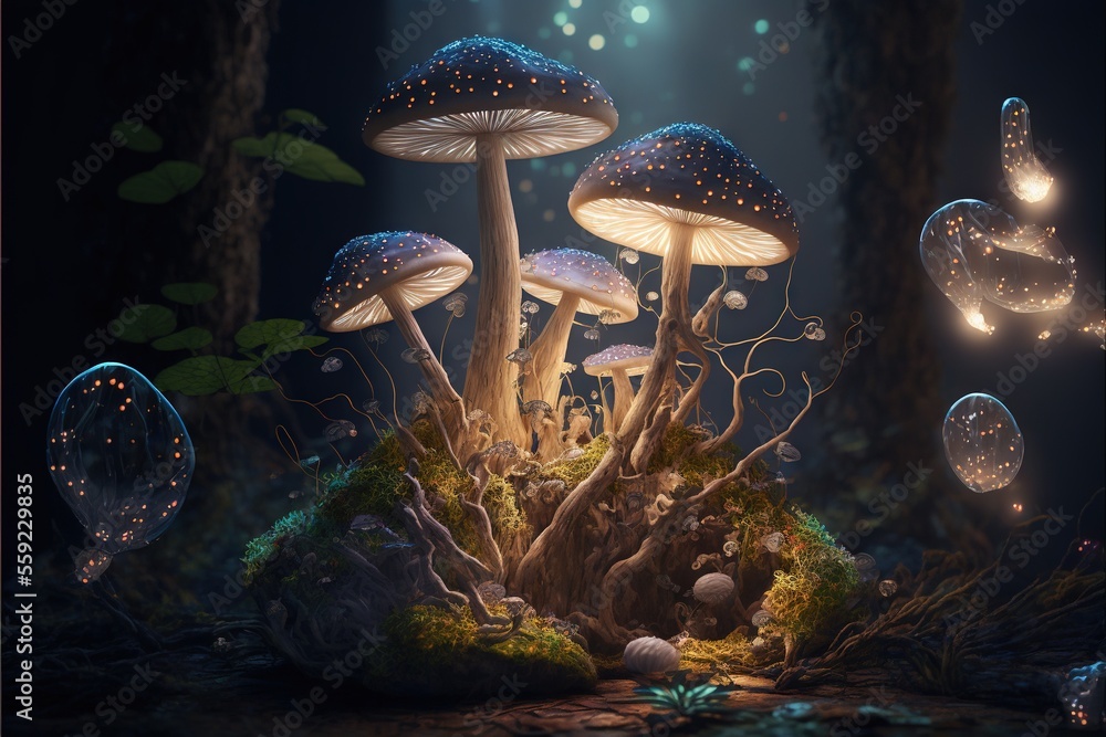Poster a group of mushrooms in a forest with lights on them and moss growing on the ground in front of them