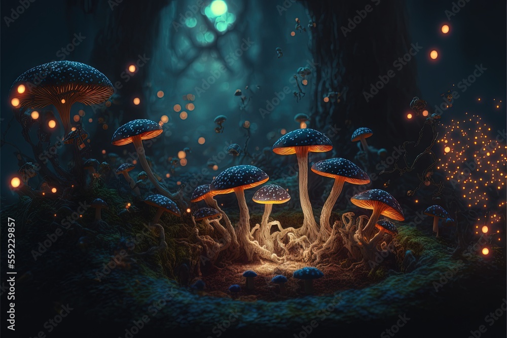 Poster a group of mushrooms in a forest with lights on them and a glowing forest floor in the background wi