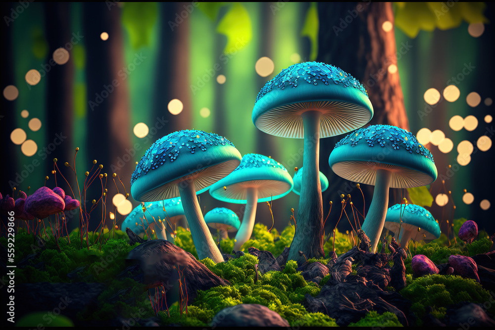 Poster a group of mushrooms in a forest with lights in the background and grass and rocks on the ground, wi