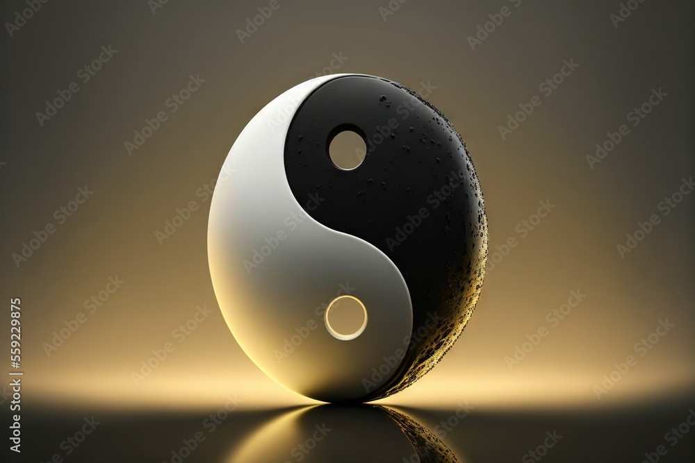 Poster a black and white yin - yang symbol on a reflective surface with a light reflection on the floor and