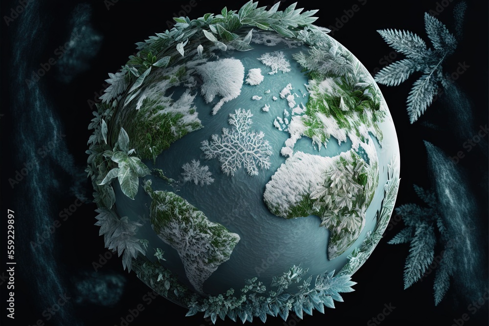 Poster a picture of a globe with a lot of snow on it and plants around it, all around it, and a black backg