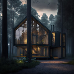 Contemporary Cottage in a Forest with Light Mist, with Generative AI Technology