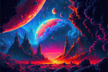 Obraz na płótnie Canvas A deserted abstract colorful alien landscape. Alien planets during sunrise. A beautiful landscape on another planet. Painting in eight-bit retro style. Generative AI Art.