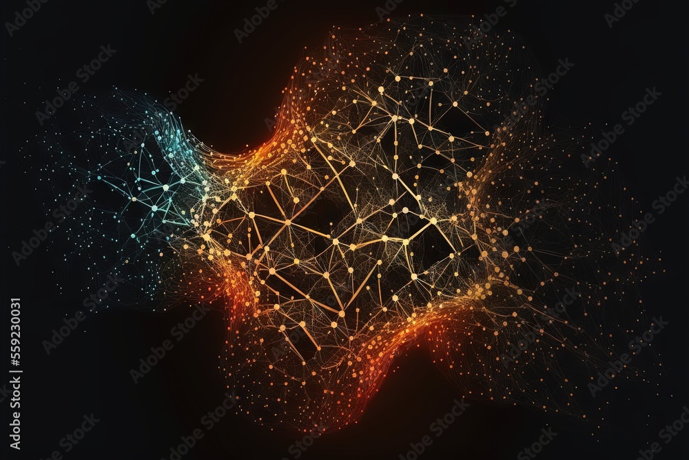 Poster a network of connected lines and dots on a black background