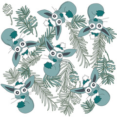 Fototapeta na wymiar New Year vector pattern from a linear drawing of a rabbit and coniferous branches. Chinese new year 2023 year of the rabbit